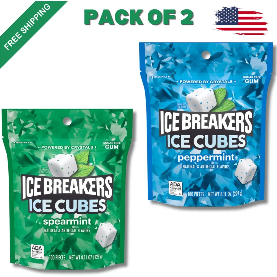 2 Pk- Ice Breakers Ice Cubes Sugar Free Spearmint & Peppermint Gum 8.11oz 100 ps