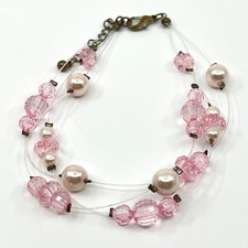 VTG Retro Y2K Pink Faceted Crystal & Faux Pearl Illusion Multi-Strand Bracelet