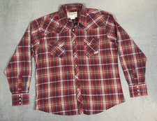 Wrangler Wrancher Men  s XL Long Sleeve Red Blue Plaid Pearl Snap Shirt Pockets