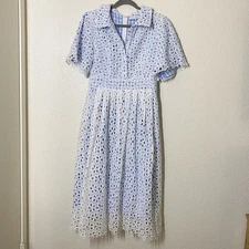 Ivy City Co. Women's Size Large Eyelet White and Blue Plaid Midi Collared Dress