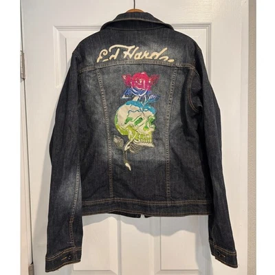 Ed Hardy Christian Audigier Rhinestone Denim Jacket XL Skull Rose Y2K Mallgoth - Image 1 of 4