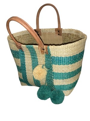 Mar Y Sol COLLIINS Straw Turquoise Pom Pom Beach Tote EUC LN