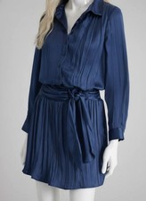 DKNY Women's Blue Pleated Tie-Front Lined Long-Sleeve Shirt Dress Size 2