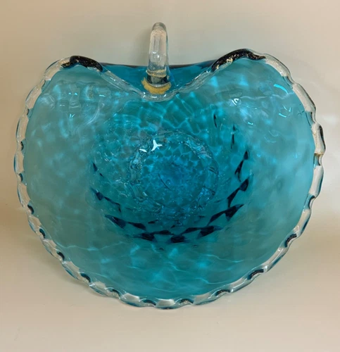 Vintage Murano Turquoise Quilted  Glass Candy Bowl/Dish Scalloped Edge & Handle