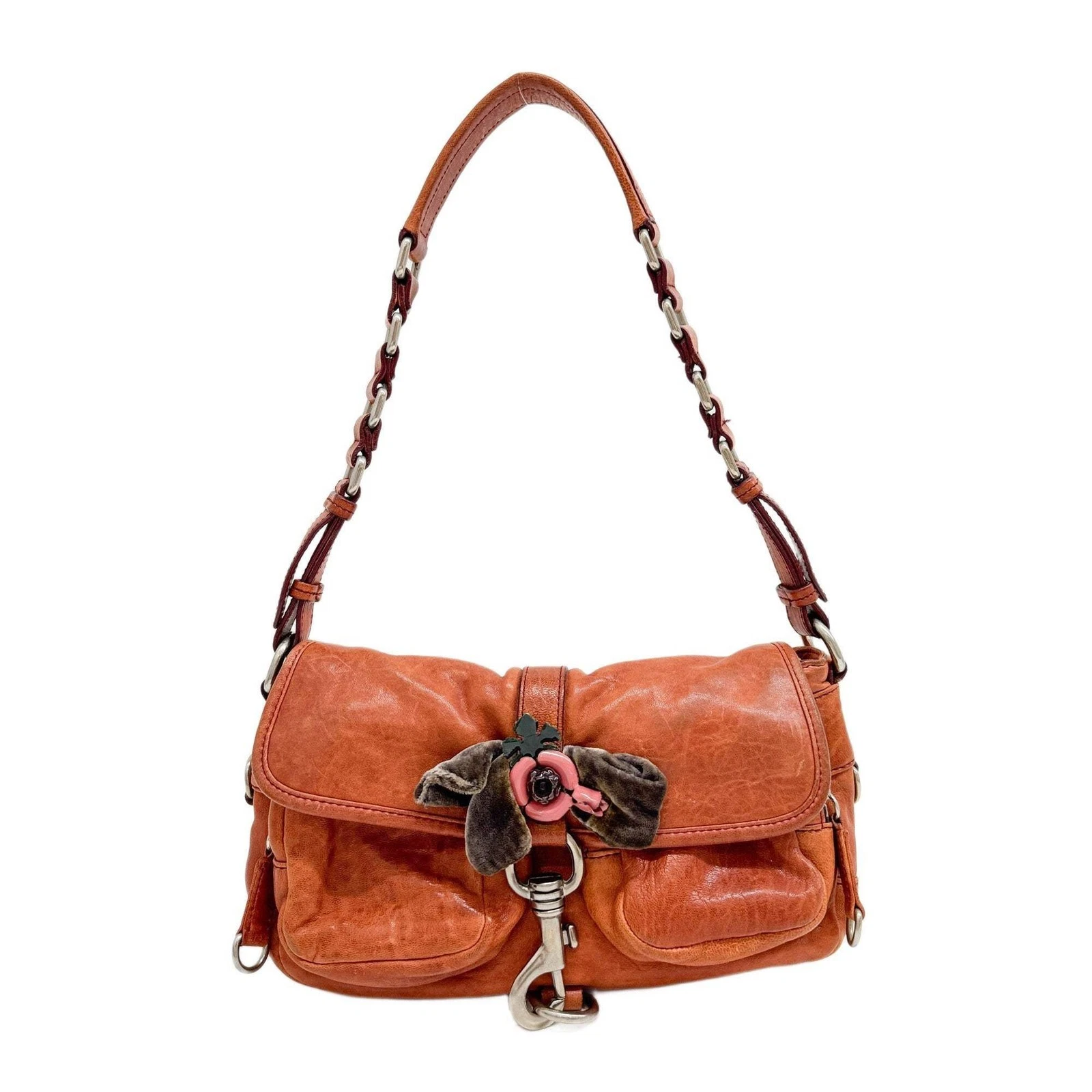 Miu Miu — MIU MIU Metal Flower Embellished Burnt Orange Leather Shoulder Bag