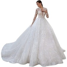 IS-NWT US18W Deep V-Neck Long Sleeve Beading Lace Ball Gown Wedding Dress-WD267