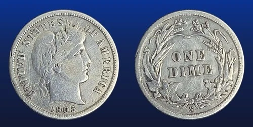 1905 (S) Barber Dime - 90% Silver - Very Fine, Uncleaned, Multiple Original Pics