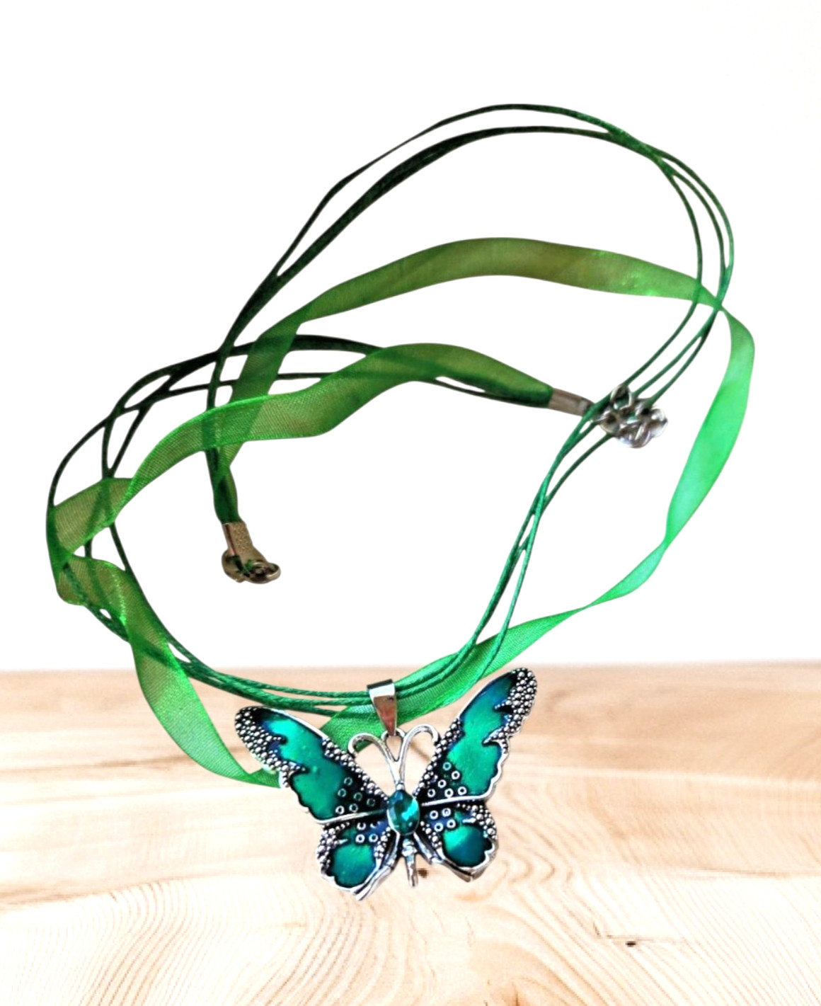 Dark Green Crystal Butterfly Ribbon Necklace Adjustable Cord Next Day Shipping