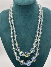 Vintage Clear Aurora Borealis AB Crystal Graduated Double Strand Necklace