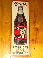 Vintage original tin soda sign Nichol Kola embossed 1930's