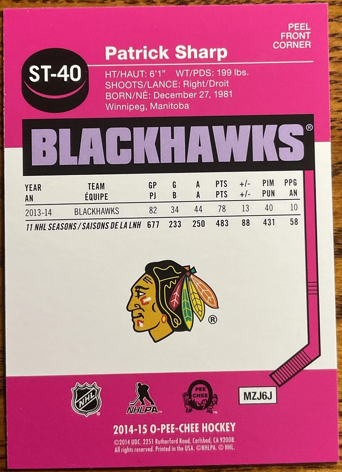 2014-15 O-Pee-Chee Stickers Patrick Sharp #ST-40 Chicago Blackhawks - Image 2 of 2