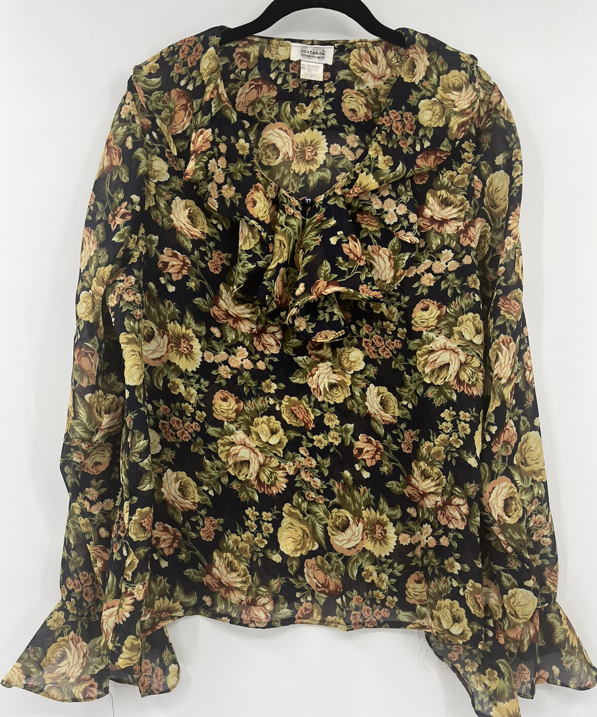 Vintage Sostanza Y2K Navy Floral Ruffled Popover Blouse Size Medium Flowy