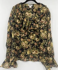 Vintage Sostanza Y2K Navy Floral Ruffled Popover Blouse Size Medium Flowy