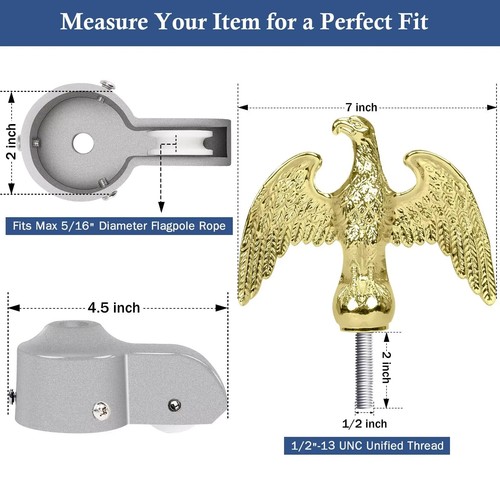 Flagpole Hardware Repair Parts Kit - 50 Feet Halyard Rope+7" Eagle Topper+6"Z... - 第 3/7 張圖片