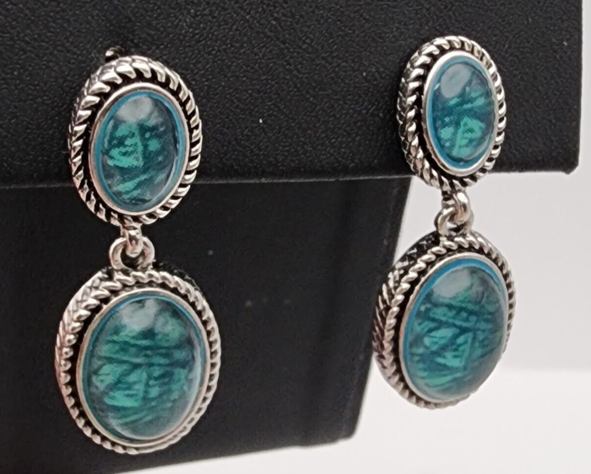 Blue Green Cabochon Silver Drop Dangle Butterfly Wing Earrings