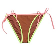 NEW aerie Brown Tie Waist Bikini Bottoms Swim Briefs Strappy sz L Neon Trim