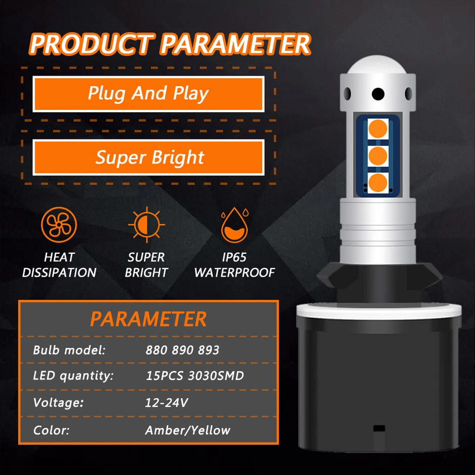 2X 880 899 890 Amber Yellow LED Bulbs SMD 3030 Fog Driving Light Super Bright - Image 3 of 4