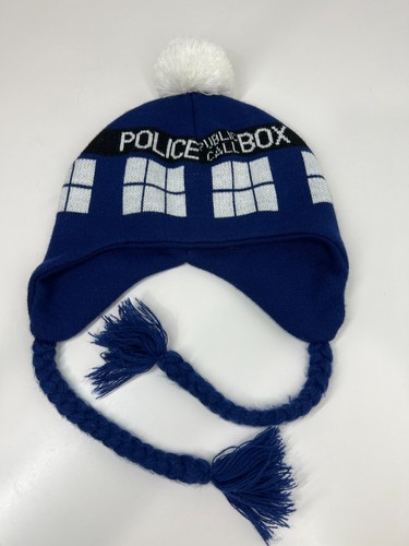 Doctor Who Police Public Call Box beanie ear flaps neck ties pom pom knit 2009