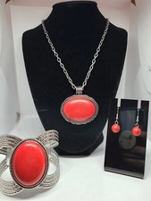 Statement Jewelry Set Necklace Earrings Bracelet Faux Red Turquoise Sandstone
