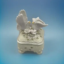 Vintage Footed Jewelry Dish - Love Dove Rose Ring Box - Bisque Ceramic