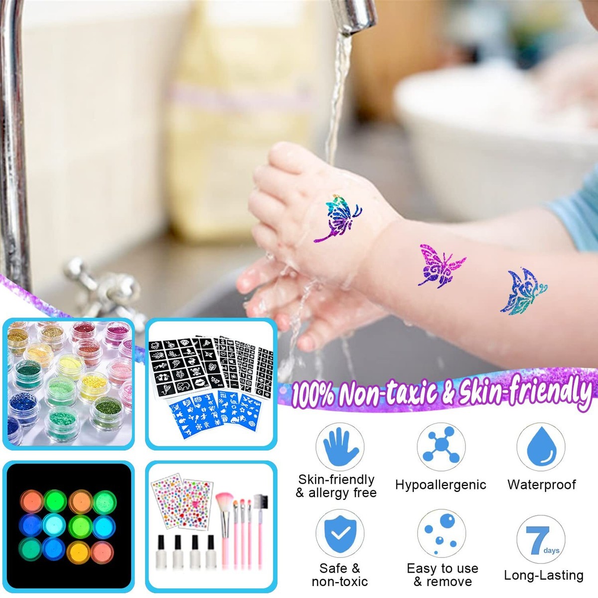 Pure Vie Glitzer Tattoo Set – 12 Farben Mit Pinsel, Kleber & Schablonen