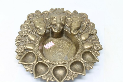 Antique Old Brass Heavy Casted Hindu Holy God Ganesha Engraved Tray Plate NH6592 - Picture 5 of 11