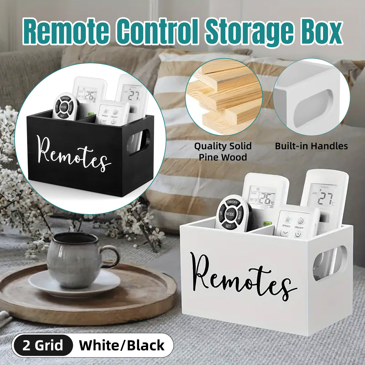 Wooden Compartment Storage Box Remote Control Holder Desktop Organizer for Home