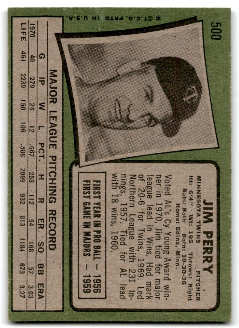 perry ページです。 1971 Topps Jim Perry Minnesota Twins #500 | eBay