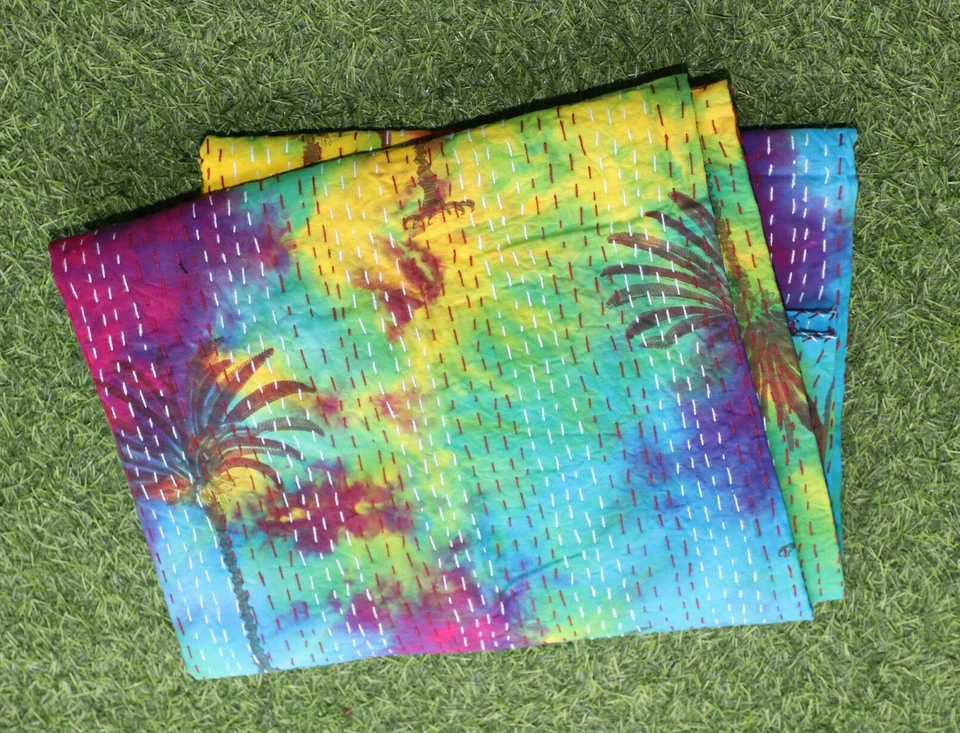 Indian Hand Block Palm Print twin Cotton Handmade Kantha Quilt Throw Blanket - Image 2 of 3