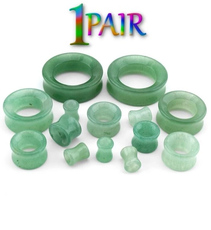 Par de TÚNELES DE PIEDRA AVENTURINA VERDE 8g-38mm Medidores de Doble Llamarada Tapones de Jade 1240 Foto 2 de 3