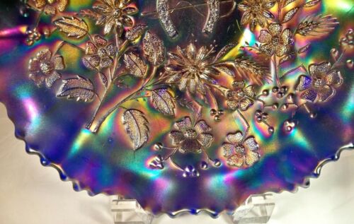 NORTHWOOD GOOD LUCK ELECTRIC BLUE IRIDESCENT 8-1/2" DIAMETER RUFFLED BOWL! - Picture 3 of 5