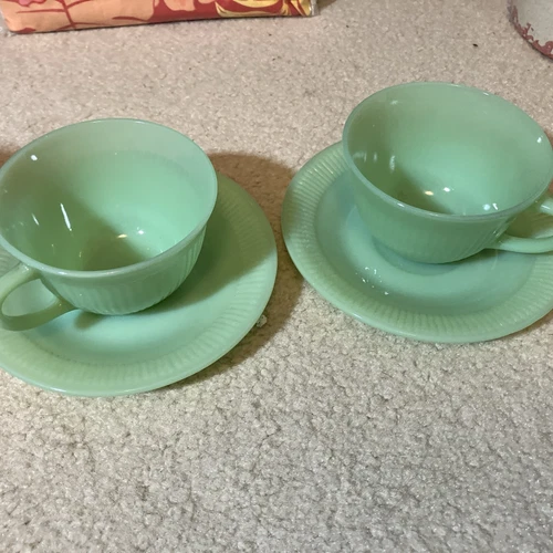 Vintage Fire King Jadeite Jane Ray Cups & Saucers 2 Sets Rare Unmarked