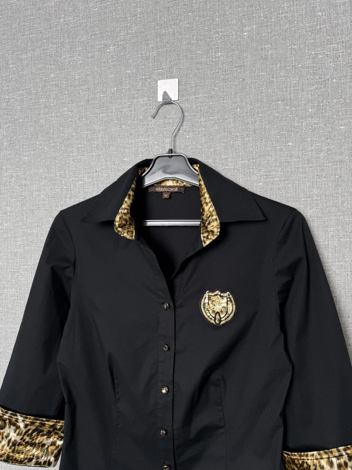 复古 Roberto Cavalli 黑色豹纹装饰衬衫 Crest 女式衬衫 S-M 码 — 第 3/4 张图片