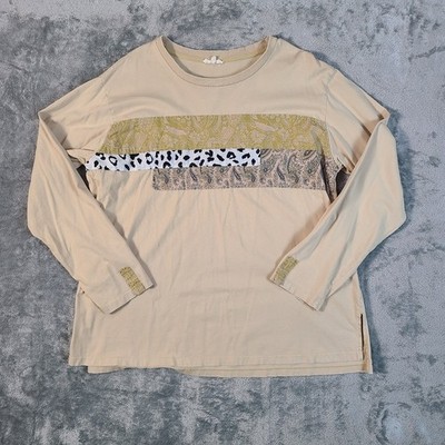 Easel Clothing Mixed Print Boho Patchwork Top Womens L Tan Animal Print