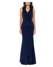 Xscape Womens Ruffled Long Evening Dress Navy Size 4Petite NEW!