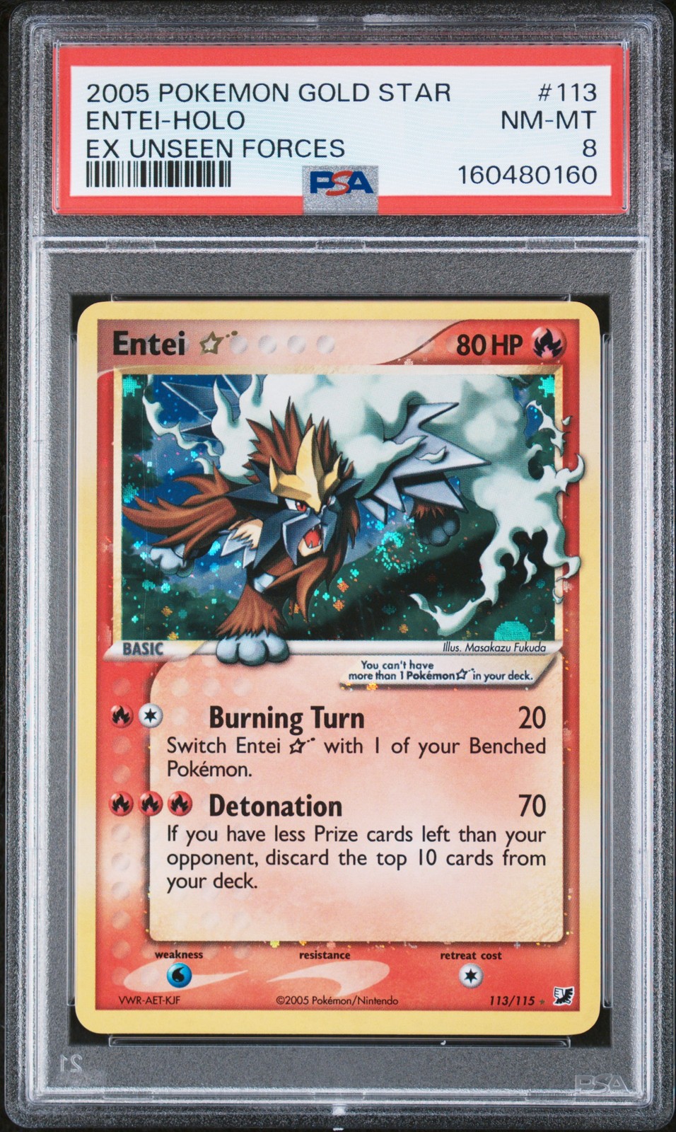 Pokemon Entei Gold Star Holo EX Unseen Forces 113/115 PSA 8 view 1