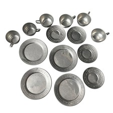 Vintage Child Tin Play Dishes Aluminum 1950s Kitchen Toy MCM Plates Cups READ