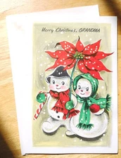 Vintage Snowman, Snow Woman Christmas Greeting Card wEnv Glitter UNUSED- Grandma