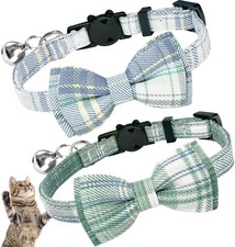 Green Bows Tie for Cats Collar Boys, 2 Matching Cat Breakaway Bowtie Collar A...