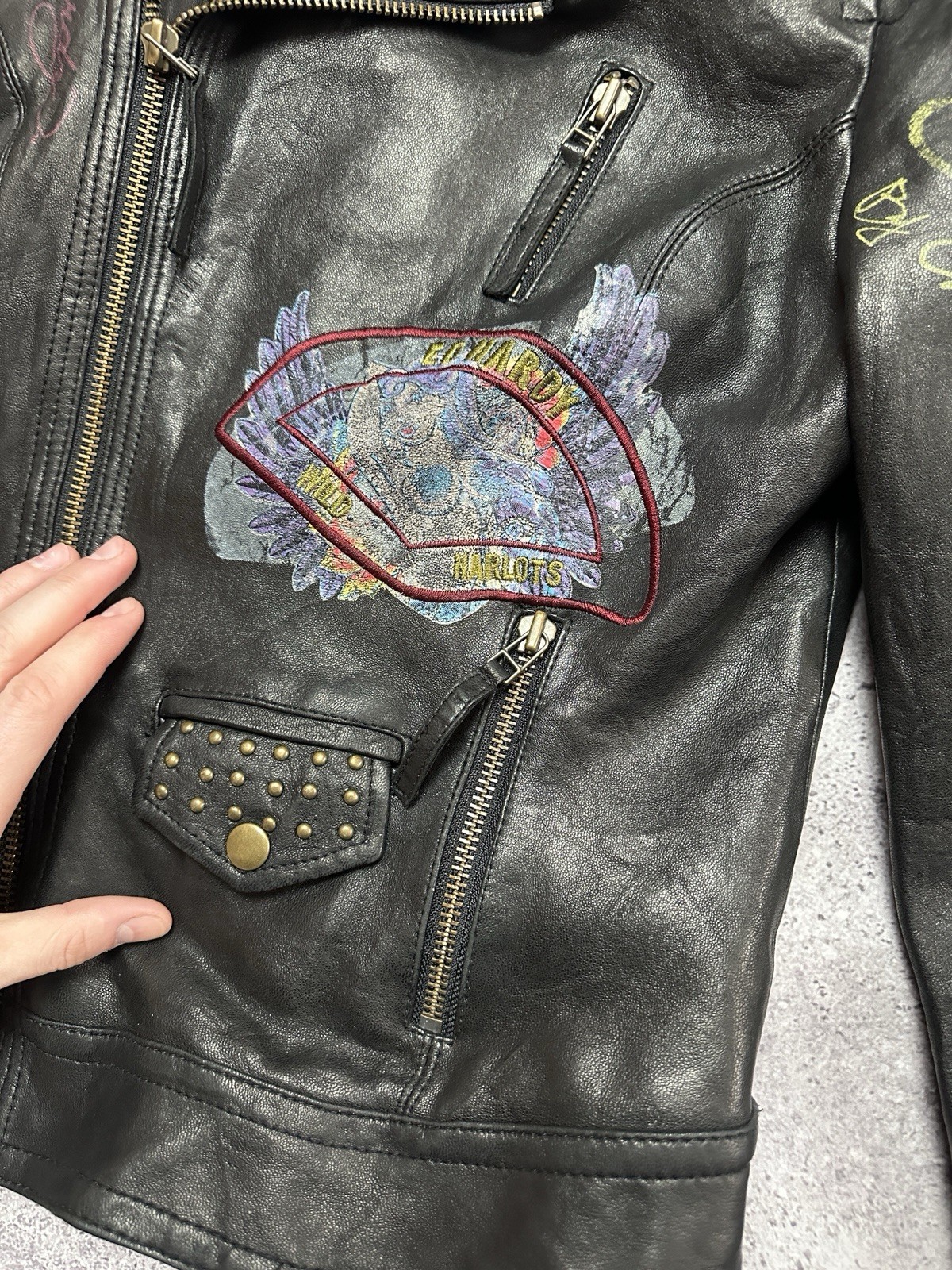 Vintage Ed Hardy by Christian Audigier Leather Jacket Women’s Black Logo Size L image 10