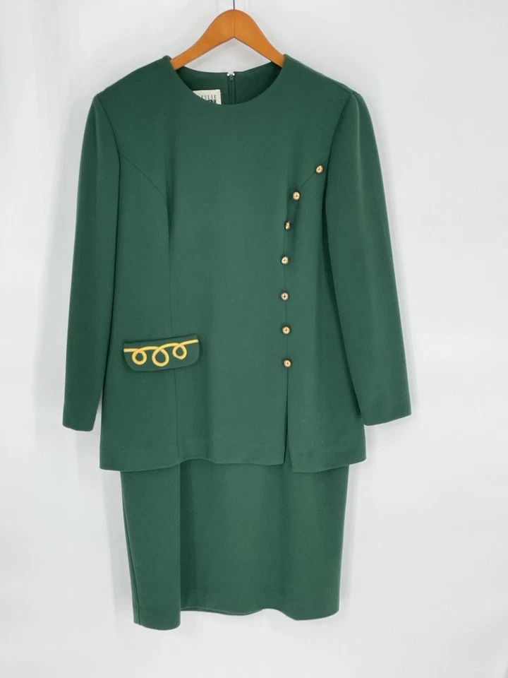 De Colección Leslie Fay Mujer Talla 10P Vestido Traje Verde Dorado Borde Hecho en EE. UU. Jersey Feel Foto 3 de 4