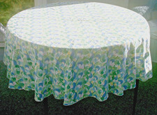 Pretty Blue Green Pattern Tablecloth Round Heavy Cotton 65" diameter