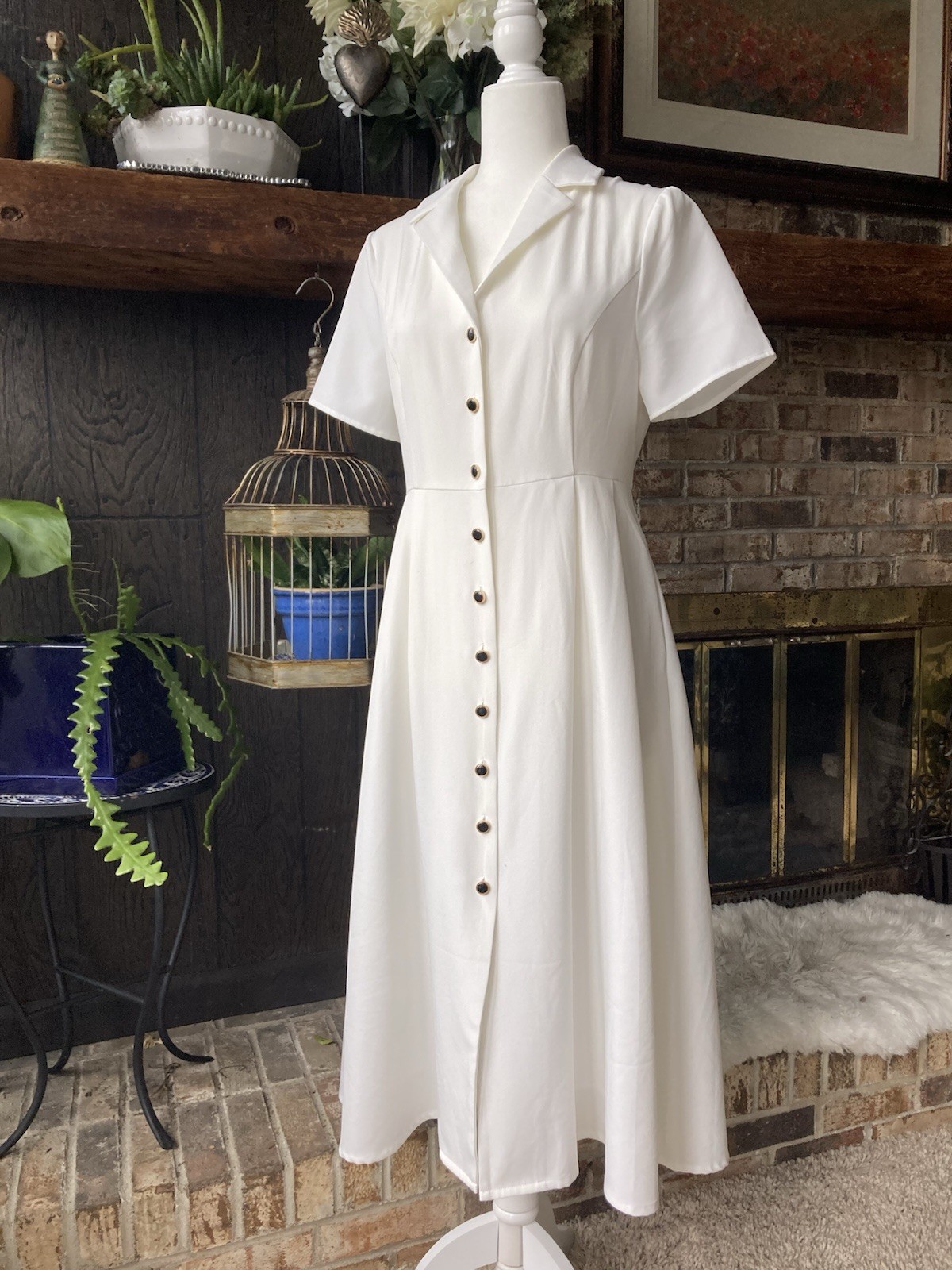 Collared White Button Down Midi Dress Rihoas Sz M… - image 1
