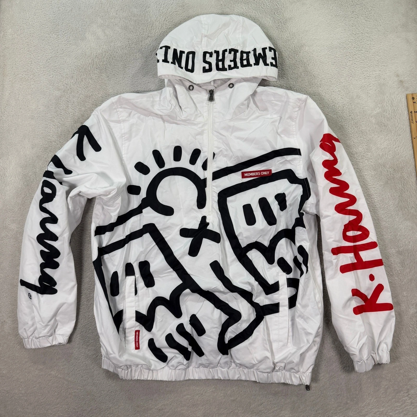 Members Only x Keith Haring Mens XL White Pop Art Graphic Half Zip Windbreaker
