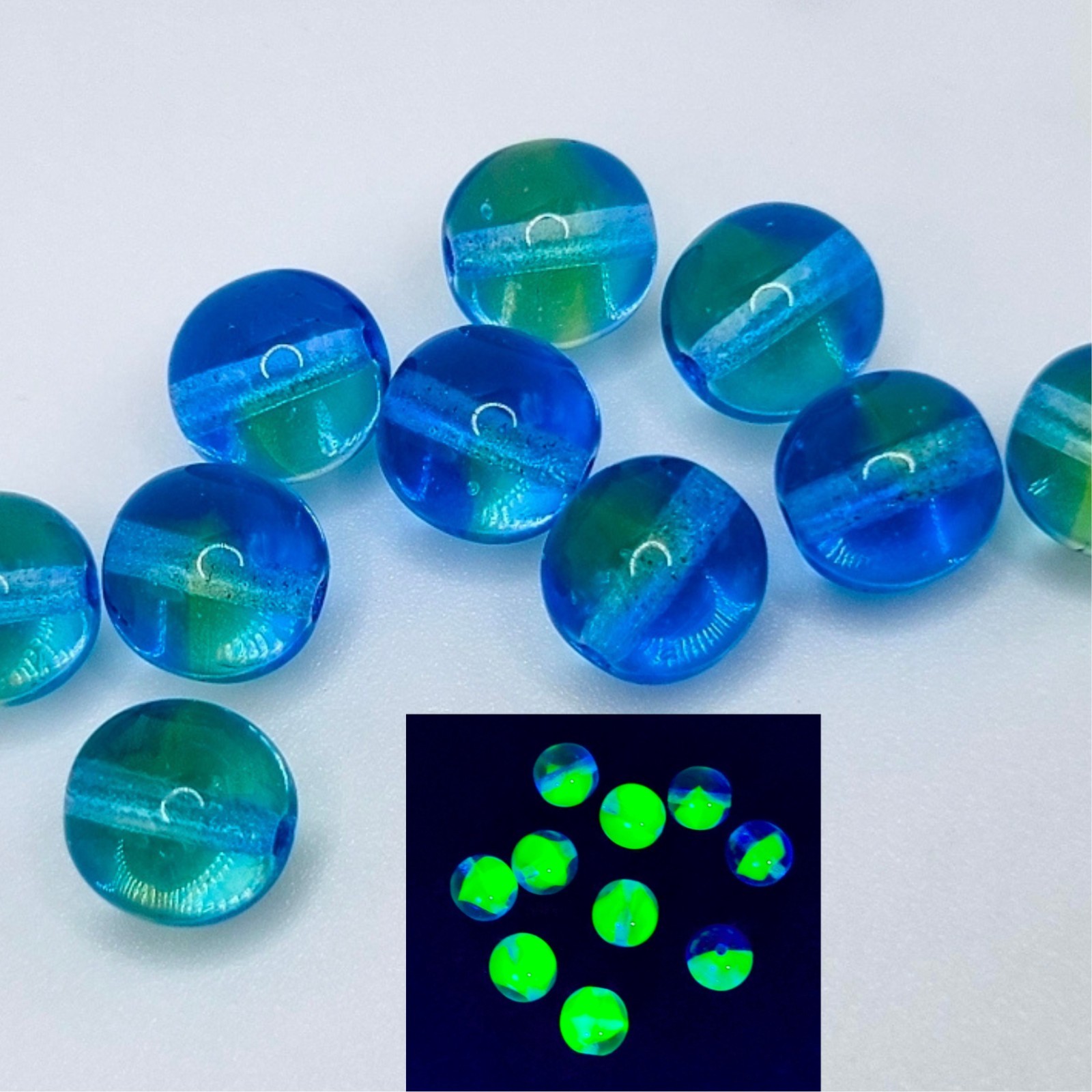 Round Blue Uranium Glass Beads 8mm Bicolor 10pcs Czech