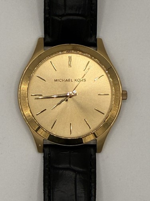 #ad Michael Kors MK 8625 Quartz Gold Dial Case Black Leather Strap 42mm 50m $60.00