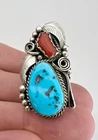 Vtg Justin Morris Navajo Sterling Silver Kingman Turquoise & Coral Ring 1 5/8"