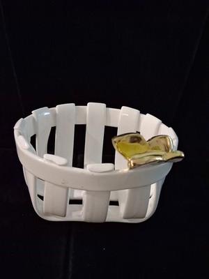  White Italian Ceramic Open Lattice Basket, 3.5''x2.0'', Golden Butterfly Accent