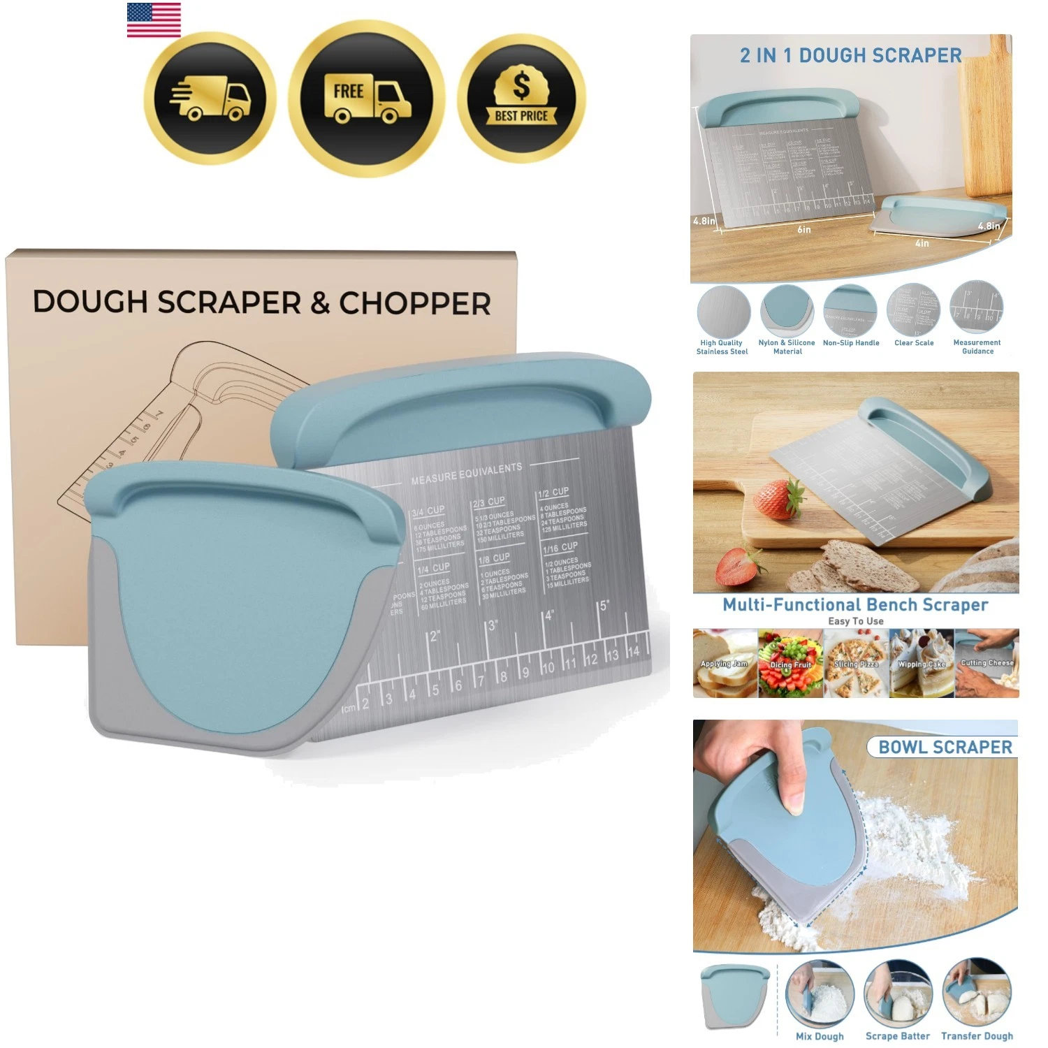 Kitchen Dough Scraper Set Bench and Bowl Food Food Grade Stainless Steel
Opens in a new window or ta