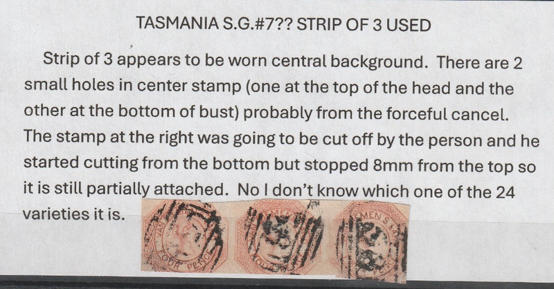 Tasmania S.G. #7? used strip of 3 with worn central background